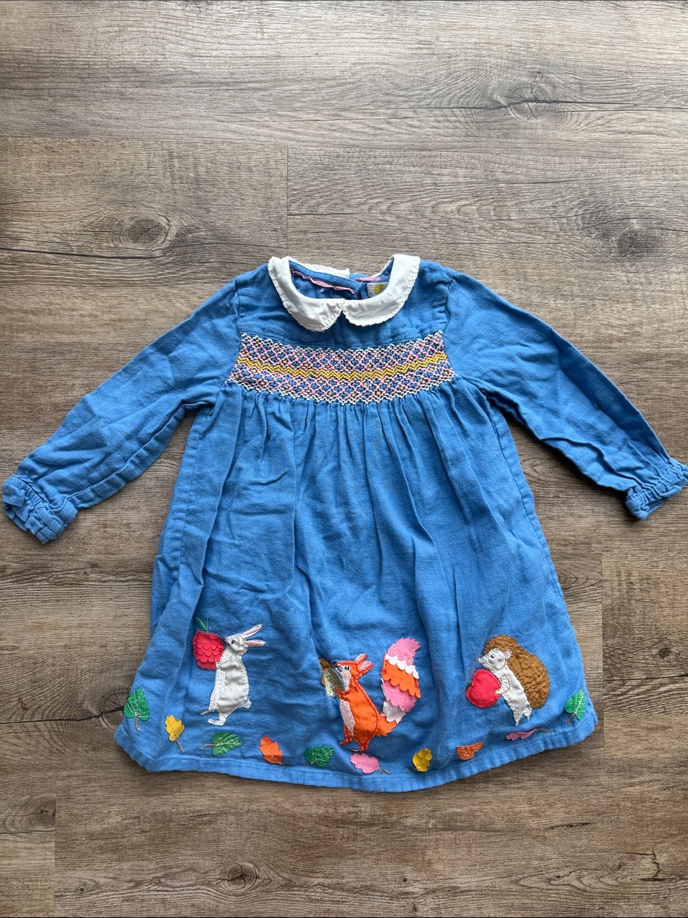 Baby Boden Blue Smocked Woodland Animal Dress